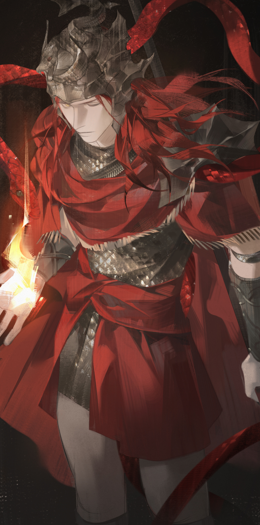 1boy absurdres animal armor bracer chainmail closed_mouth elden_ring feet_out_of_frame fire helm helmet highres looking_to_the_side lynnn28208524 male_focus messmer_the_impaler one_eye_closed pauldrons red_sash red_scarf red_snake sash scarf shoulder_armor sideways_glance snake snake_wrapped_around_body solo standing yellow_eyes