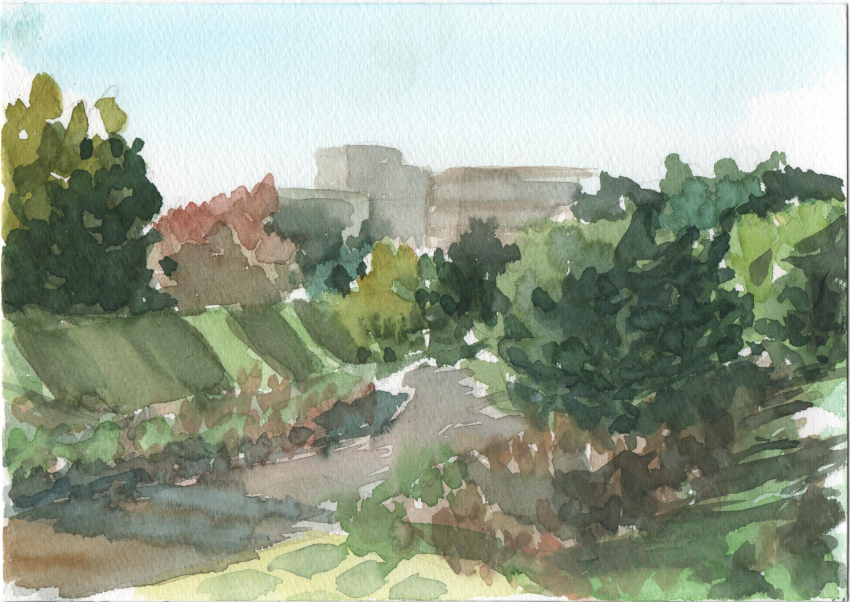 blue_sky bush cloud day fumeshi grass highres hill nature no_humans original outdoors painting_(medium) path road scenery shadow sky traditional_media tree watercolor_(medium)