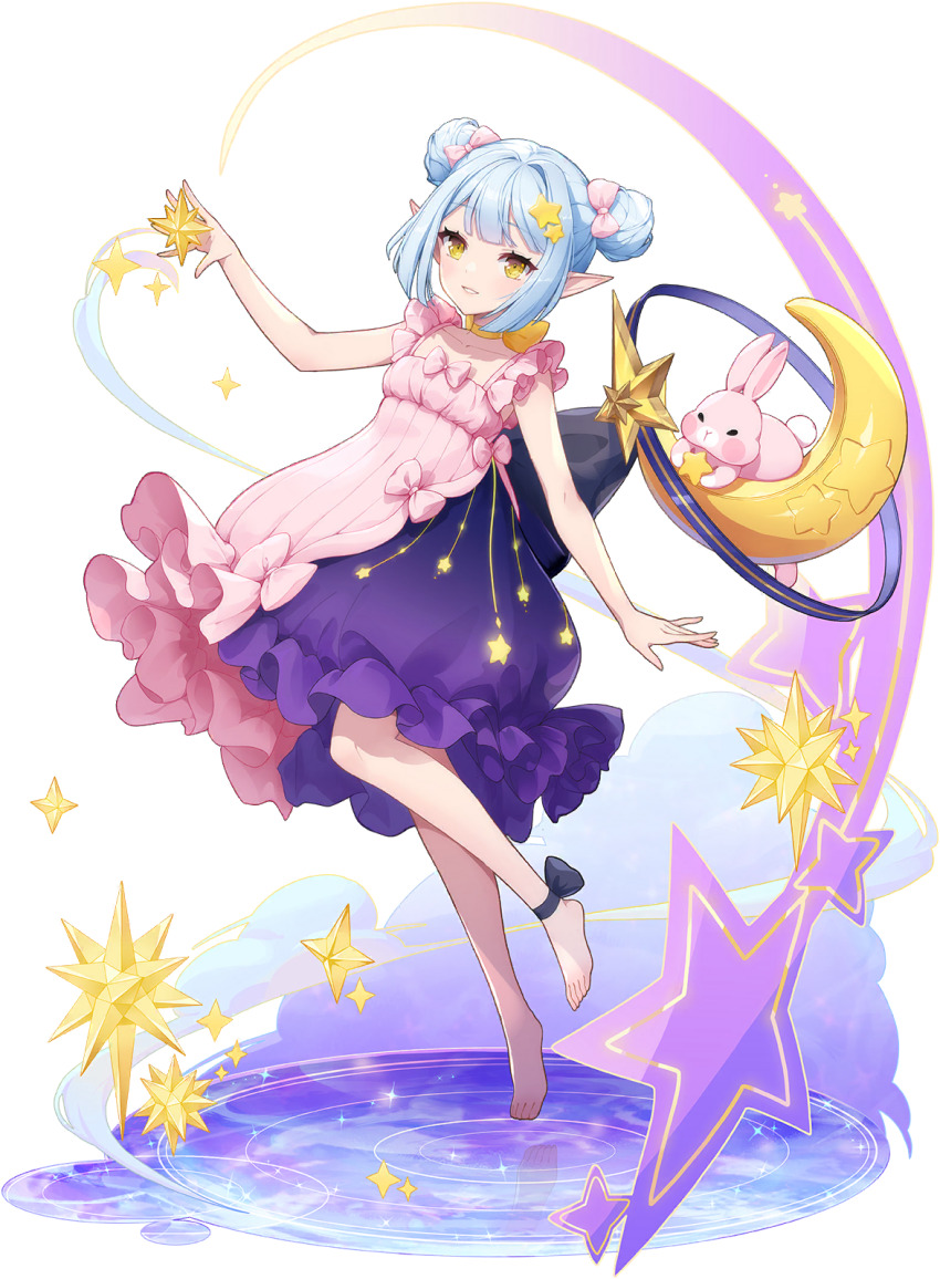 1girl ankle_bow ankle_ribbon bare_arms bare_legs bare_shoulders barefoot blue_hair blunt_ends bow bowtie crescent double_bun dress elf eversoul floating frilled_dress frills full_body game_cg grin hair_bow hair_bun hair_ornament highres looking_at_viewer non-web_source official_alternate_costume official_alternate_hairstyle official_art pajamas pink_dress pink_pajamas pointy_ears rabbit ribbon ripples short_hair sidelocks sleeveless smile solo star_(symbol) tachi-e talia_(eversoul) transparent_background two-tone_dress yellow_eyes