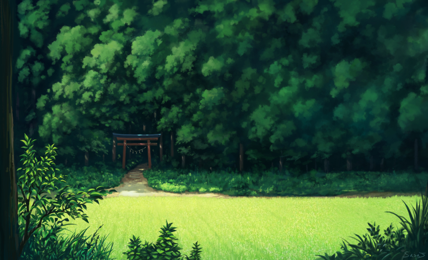 absurdres branch day forest grass highres leaf nature no_humans original outdoors plant road sasaj scenery summer torii tree
