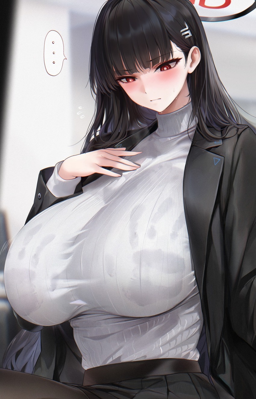 ... 1girl black_hair black_jacket black_pantyhose black_skirt blue_archive blush breasts bright_pupils closed_mouth hair_ornament hairclip halo hand_up highres huge_breasts jacket long_sleeves looking_down open_clothes open_jacket pantyhose pleated_skirt re0n red_eyes rio_(blue_archive) skirt solo sweater sweater_tucked_in turtleneck turtleneck_sweater white_pupils white_sweater