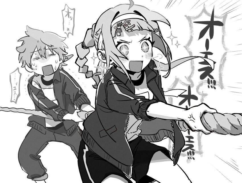 +_+ 1boy 1girl absurdres asaya_kanata exhausted gym_uniform highres magotsuki_(hurray) pants shorts suufunkan_no_yell_wo tug_of_war