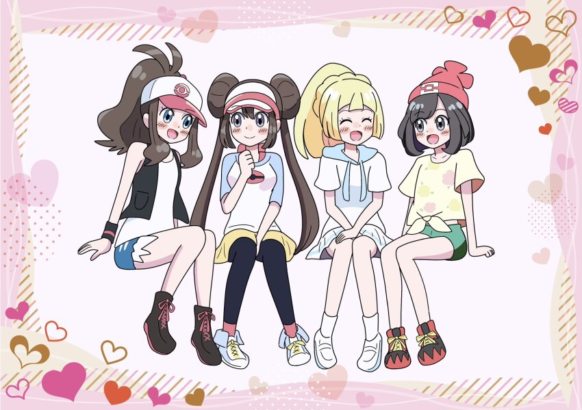 4girls baseball_cap beanie black_hair blonde_hair bob_cut boots brown_hair closed_eyes creatures_(company) double_bun floral_print full_body game_freak hair_bun hat heart highres hilda_(pokemon) lillie_(pokemon) loafers miin_(toukotouya) multiple_girls nintendo pantyhose poke_ball_print pokemon pokemon_bw pokemon_bw2 pokemon_sm ponytail rosa_(pokemon) sailor_collar selene_(pokemon) shirt shoes short_shorts short_sleeves shorts sitting skirt sleeveless sleeveless_jacket sneakers t-shirt talking tank_top visor_cap white_shirt white_skirt yellow_shirt