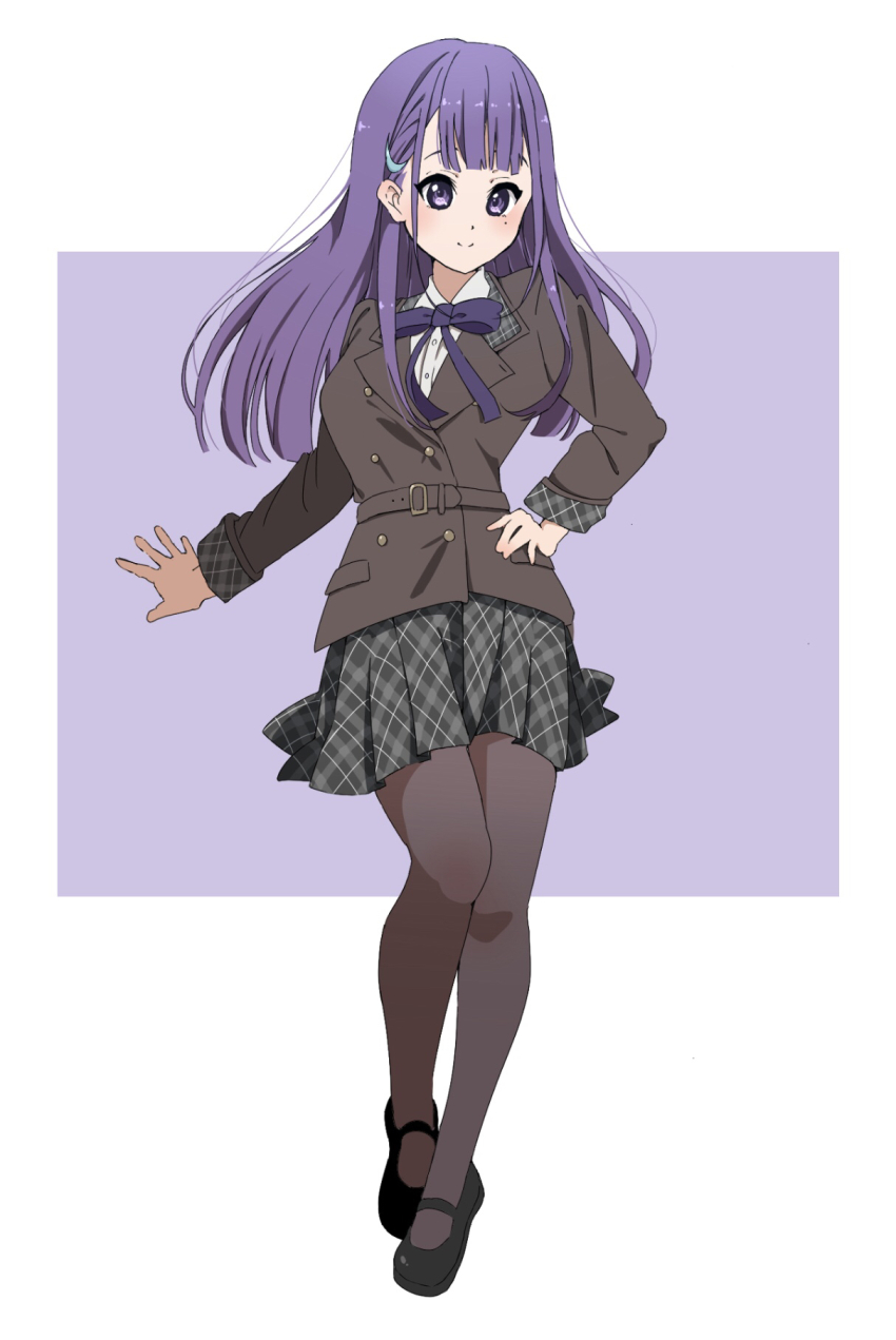 1girl 22/7 black_footwear bow bowtie brown_jacket brown_pantyhose center-flap_bangs closed_mouth fanged_bangs full_body hair_ornament hand_on_own_hip highres ichinose_hotaru jacket long_hair mole mole_under_eye pantyhose plaid_clothes plaid_skirt pleated_skirt purple_background purple_bow purple_bowtie purple_eyes purple_hair school_uniform skirt smile solo tanpaku_(oqu_2) two-tone_background