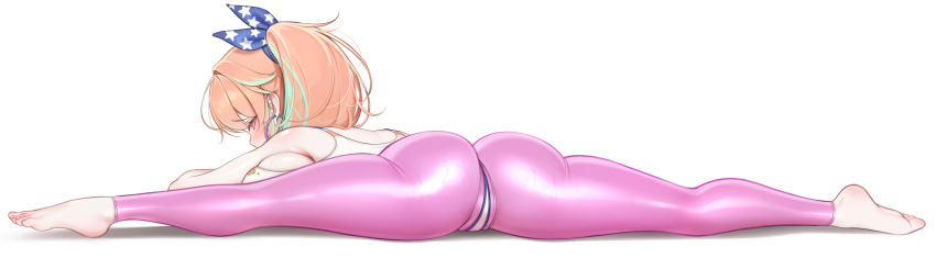 1980s_fashion 1girl absurdres ass barefoot blush breasts commentary english_commentary feet from_behind full_body green_hair highres hololive hololive_english large_breasts leggings leotard looking_at_viewer looking_back multicolored_hair official_alternate_costume official_alternate_hairstyle orange_hair pants pink_leggings prab purple_eyes sideboob simple_background solo streaked_hair stretching takanashi_kiara takanashi_kiara_(fever_night) virtual_youtuber white_background white_leotard yoga_pants