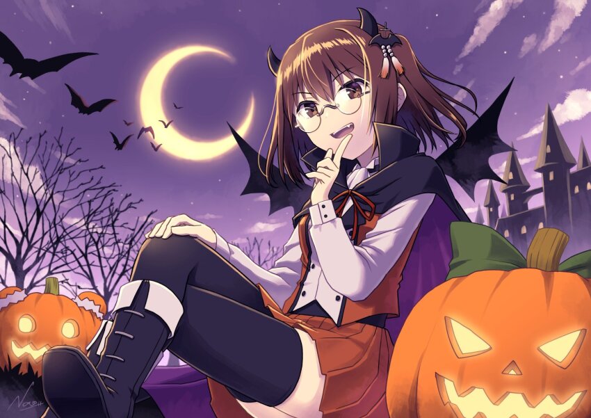 1girl adapted_costume alternate_costume bat_(animal) bat_wings bespectacled black_cape black_thighhighs boots brown_eyes brown_hair cape castle commentary_request crescent_moon demon_wings fang glasses halloween halloween_costume index_finger_raised jack-o&#039;-lantern kantai_collection lace-up_boots moon nao_(nao_eg) night orange_shirt orange_skirt pleated_skirt pumpkin sendai_(kancolle) sendai_kai_ni_(kancolle) shirt skirt smile solo thighhighs two-tone_shirt two_side_up vampire_costume wings