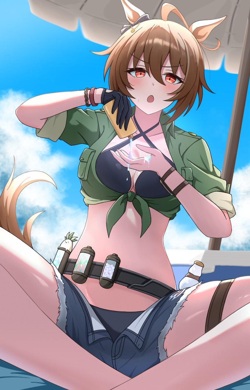 1girl absurdres agnes_tachyon_(lunatic_lab)_(umamusume) agnes_tachyon_(umamusume) ahoge animal_ears beach_umbrella bikini black_bikini black_gloves blue_sky breasts brown_hair chestnut_mouth cleavage criss-cross_halter cross-laced_sandals day denim denim_shorts flask gloves green_jacket hair_between_eyes halterneck highres horse_ears horse_girl horse_tail indian_style jacket kii-kun_(agnes_tachyon)_(umamusume) looking_at_viewer medium_breasts official_alternate_costume on_ground open_clothes open_fly open_shorts outdoors red_eyes round-bottom_flask short_hair shorts single_glove sitting sky sleeves_rolled_up smile solo swimsuit tail thigh_strap tied_jacket umamusume umbrella y_k_(user_maxh5525)