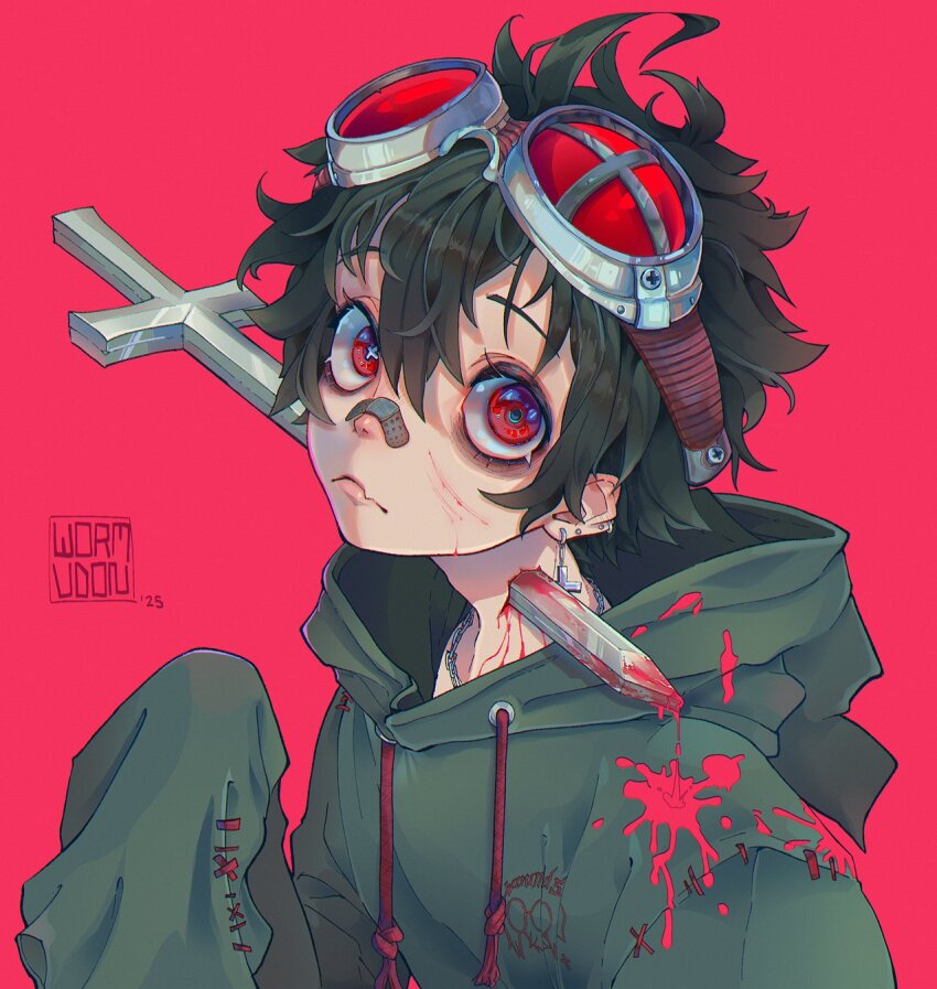 1boy aegyo_sal bandaid bandaid_on_neck black_hair bleeding blood blood_splatter chain chain_necklace cross cross_earrings double-parted_bangs earrings eyewear_on_head fang frown goggles hair_between_eyes hand_up highres impaled injury jewelry looking_at_viewer male_focus necklace original oversized_clothes red_eyes short_hair skin_fang solo upper_body wide-eyed wormudon