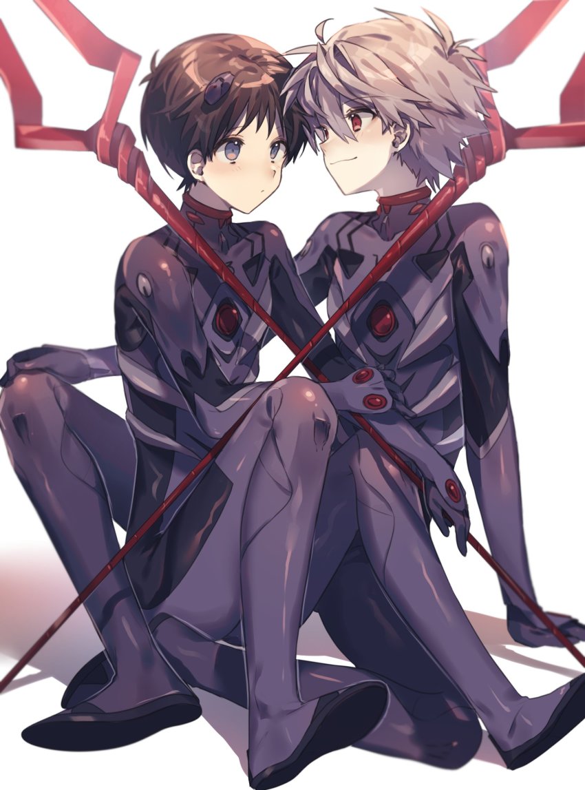 2boys bident black_bodysuit blue_eyes bodysuit brown_hair closed_mouth commentary dot_mouth evangelion:_3.0_you_can_(not)_redo eye_contact full_body hair_between_eyes hand_on_own_arm hand_on_own_knee highres ikari_shinji interface_headset_(evangelion) lance_of_longinus_(evangelion) looking_at_another male_focus mecha_pilot_suit multiple_boys nagisa_kaworu neon_genesis_evangelion plugsuit_(evangelion) polearm rebuild_of_evangelion red_eyes shiny_clothes shirasunuko silver_hair sitting smile weapon white_background yaoi