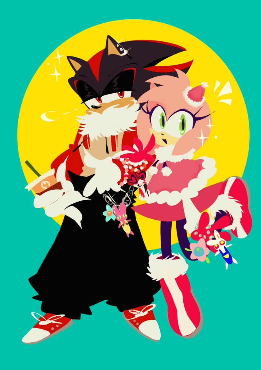 1boy 1girl :d alternate_costume amy_rose animal_ears animal_nose aqua_background black_fur black_pants boots capelet chain cup earrings full_body fur-trimmed_boots fur_trim furry furry_female furry_male gloves green_eyes gwenimaru hat hedgehog_boy hedgehog_girl highres holding holding_cup jacket jewelry looking_at_viewer mini_hat neck_fur open_mouth pants pink_capelet pink_fur pink_hair pink_hat pink_skirt red_eyes red_fur red_gloves red_jacket red_shoes shadow_the_hedgehog shoes simple_background skirt smile sonic_(series) sonic_channel standing two-tone_fur white_gloves