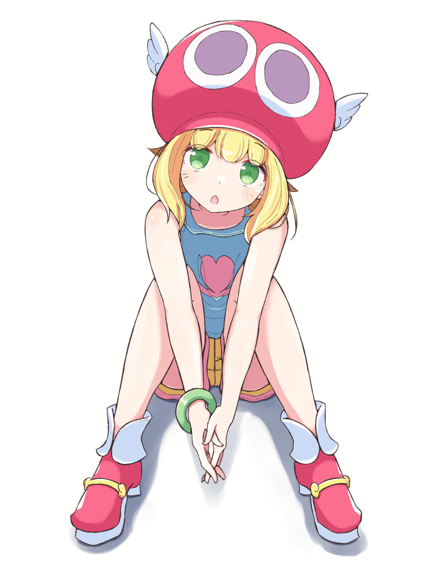 1girl amitie_(puyopuyo) blonde_hair blue_shirt blush bracelet green_eyes hat highres jazz_grace jewelry looking_at_viewer on_ground own_hands_together puyopuyo puyopuyo_fever red_footwear red_hat shirt short_hair shorts simple_background solo white_background white_wings winged_hat wings