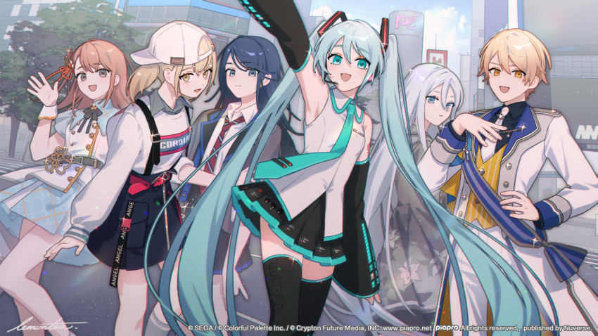 1boy 5girls aqua_eyes aqua_hair aqua_necktie aqua_trim arm_tattoo armpits azusawa_kohane backwards_hat baseball_cap belt black_belt black_boots black_hair black_ribbon black_shirt black_skirt black_sleeves blonde_hair blue_eyes blue_trim boots brown_eyes brown_hair clothes_writing coat collared_shirt copyright_notice cowboy_shot detached_sleeves diagonal-striped_clothes diagonal-striped_necktie dress floral_print grey_dress grey_eyes grey_jacket grey_shirt hair_between_eyes hair_ornament hanasato_minori hand_on_own_chest hand_on_own_hip hat hatsune_miku highres holding_own_arm hood hood_down hooded_dress hoshino_ichika_(project_sekai) idol idol_clothes jacket kneehighs lemontea long_hair long_sleeves looking_at_viewer looking_to_the_side medium_hair miniskirt multiple_girls neck_ribbon necktie number_tattoo open_clothes open_coat open_jacket orange_eyes orange_vest pants pleated_skirt project_sekai red_belt ribbon shirt short_hair sidelocks signature skirt sleeveless sleeveless_shirt socks standing striped_clothes striped_vest suspender_skirt suspenders sweater swept_bangs tattoo tenma_tsukasa thigh_boots thighhighs tie_clip twintails untucked_shirt vertical-striped_clothes vertical-striped_vest very_long_hair vest vocaloid waving white_coat white_dress white_hair white_hat white_necktie white_pants white_shirt white_sweater wrist_cuffs yoisaki_kanade zettai_ryouiki