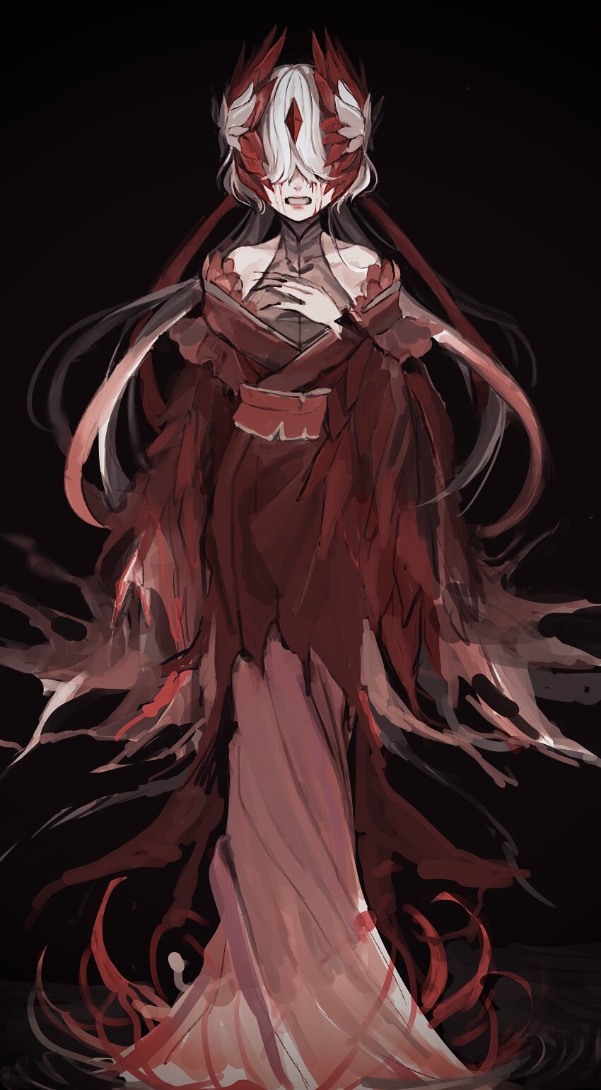 1girl absurdres bare_shoulders black_background black_nails blood blood_on_hands bloody_tears brown_shirt clenched_teeth facing_viewer fingernails forehead_jewel full_body gem hair_over_eyes hand_on_own_chest head_wings highres hoge_(n8sss) identity_v japanese_clothes kimono long_hair low_twintails mandarin_collar michiko_(identity_v) michiko_(manchurian_crane)_(identity_v) obi off_shoulder official_alternate_costume red_gemstone red_kimono red_sash sash sharp_fingernails shirt sleeveless sleeveless_shirt solo standing straight-on teeth torn_clothes torn_sleeves twintails white_hair wings
