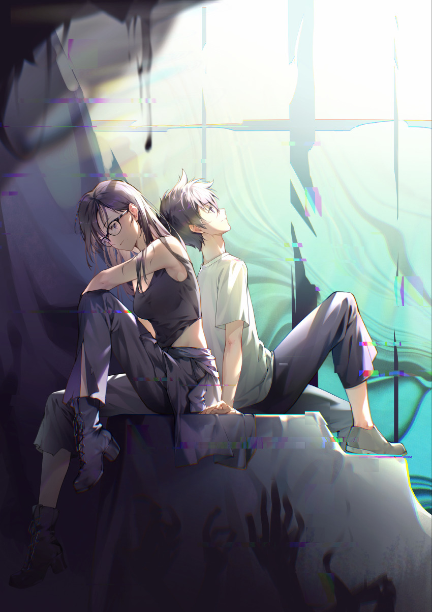 1boy 1girl absurdres arm_support back-to-back bare_shoulders black-framed_eyewear black_footwear black_hair black_pants black_tank_top boots brother_and_sister high_heel_boots high_heels highres long_hair looking_up minakata_hizuru minakata_ryuunosuke pants shirt shoes short_hair siblings sneakers summertime_render tank_top twins vuvkhkgi white_shirt