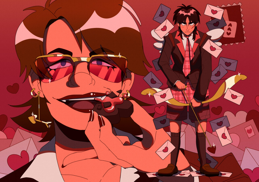 2boys absurdres alternate_costume arrow_(projectile) arrow_earrings black_eyes black_hair black_jacket black_socks blazer bow_(weapon) brown_footwear brown_hair closed_mouth commentary earrings english_commentary facial_scar frown full_body gold_earrings heart heart_arrow highres holding holding_bow_(weapon) holding_weapon hyoudou_kazuya itou_kaiji jacket jewelry kaiji letter lipstick loafers long_hair looking_at_viewer love_letter makeup male_focus multiple_boys necktie ollie_bats open_mouth over-rim_eyewear plaid_clothes plaid_necktie plaid_shorts purple_eyes red-tinted_eyewear red_necktie red_shorts red_theme scar scar_on_cheek scar_on_face semi-rimless_eyewear shoes shorts smile socks standing sunglasses tinted_eyewear upper_body valentine weapon yellow-framed_eyewear