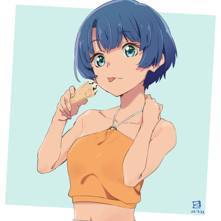 1girl :p ano_natsu_de_matteru bare_shoulders blue_eyes blue_hair breasts camisole food halterneck highres ice_cream looking_at_viewer miyahara_takuya short_hair small_breasts solo tan tanigawa_kanna tongue tongue_out upper_body