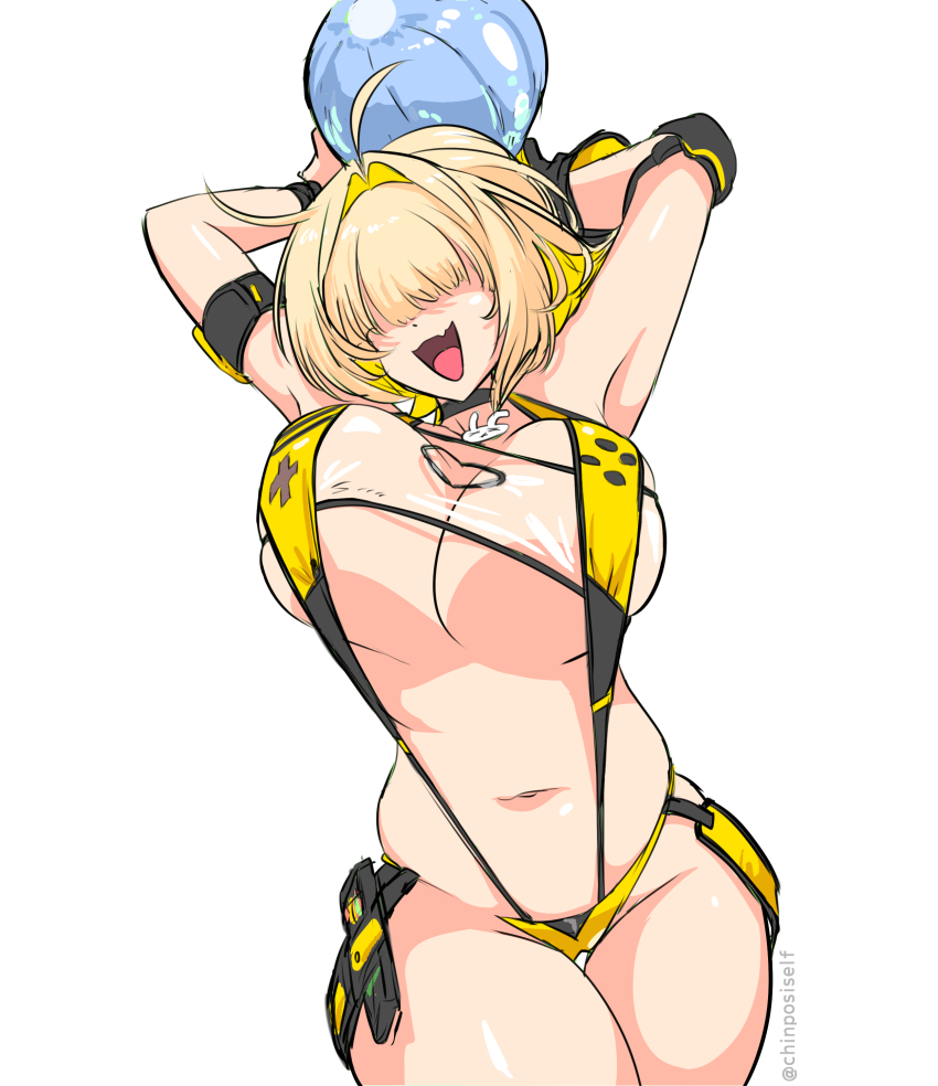 1girl absurdres ahoge armpits ball beachball bouncing_breasts breasts chinposiself elegg_(boom_and_shock)_(nikke) elegg_(nikke) fang goddess_of_victory:_nikke hair_intakes highres holding holding_ball holding_beachball large_breasts navel official_alternate_costume open_mouth short_hair simple_background skin_fang slingshot_swimsuit solo stomach swimsuit thighs white_background yellow_slingshot_swimsuit