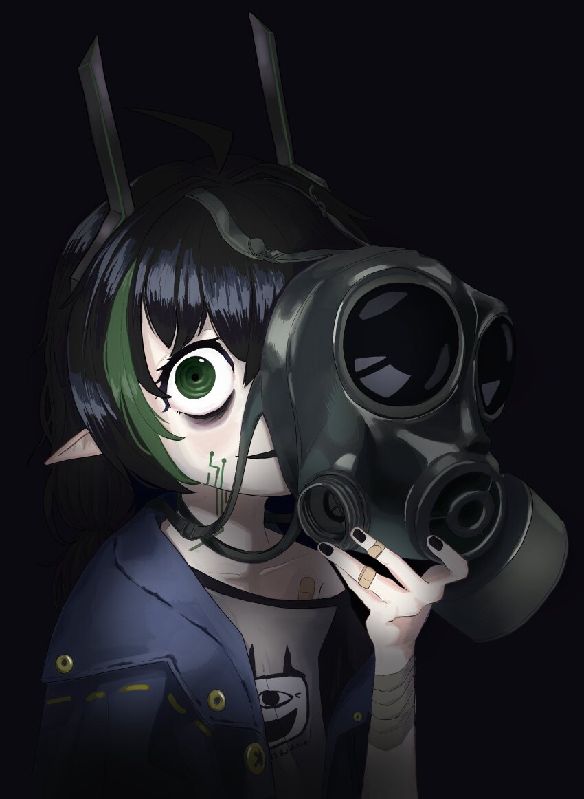 1girl absurdres bandaged_arm bandages bandaid bandaid_on_chest bandaid_on_finger black_background black_hair black_horns black_nails blue_jacket bonetaker2 elf elfinpsyop facial_mark gas_mask green_eyes green_hair grey_shirt highres horns indie_virtual_youtuber jacket mask multicolored_hair pale_skin pointy_ears shirt simple_background solo streaked_hair virtual_youtuber