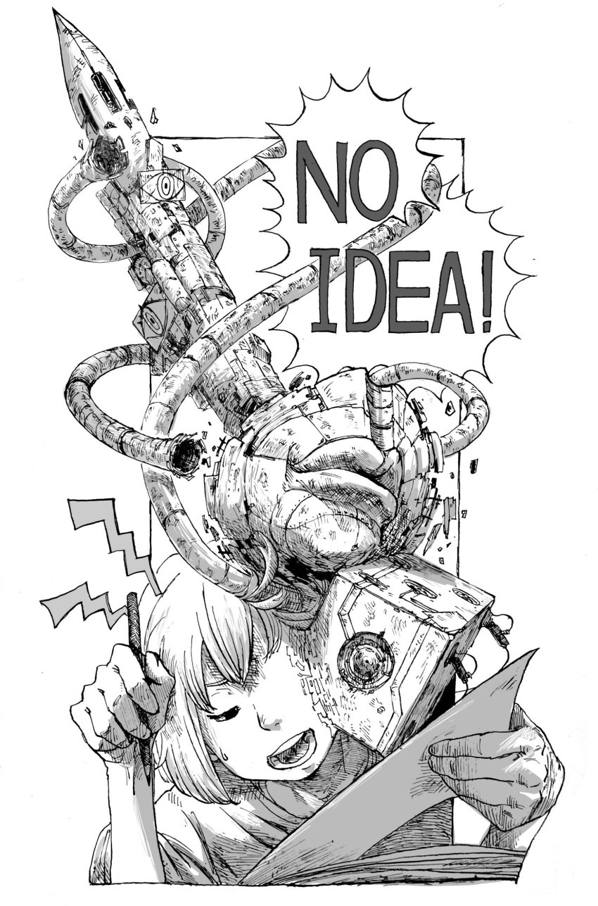 1girl absurdres book cable commentary_request crosshatching cube english_text facing_viewer greyscale half-closed_eyes hands_up hatching_(texture) highres holding holding_pencil mechabare medium_hair monochrome nose omao one-eyed open_mouth original pencil rocket shirt solo surreal teeth upper_body