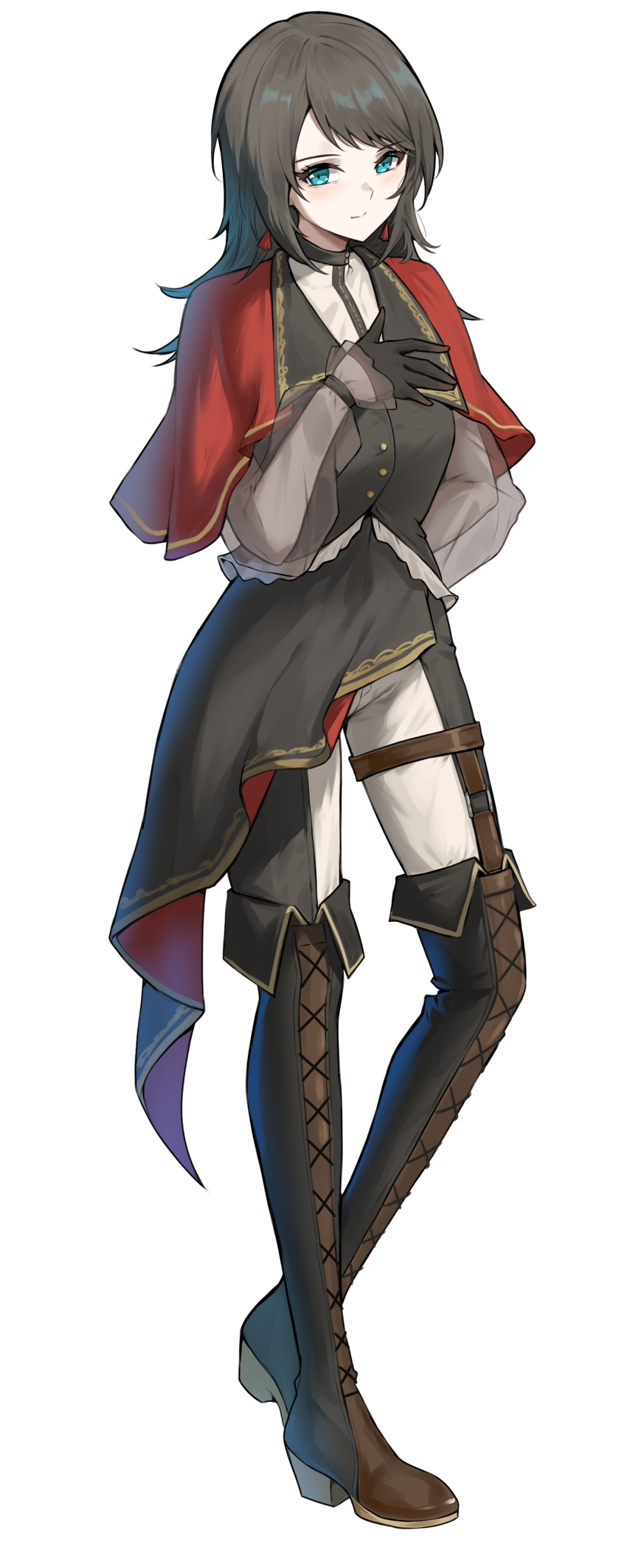 1girl absurdres bang_dream! bang_dream!_it&#039;s_mygo!!!!! black_boots black_gloves black_hair black_pants black_vest blue_eyes boots capelet chinese_commentary closed_mouth commentary_request gloves hand_on_own_chest highres long_hair looking_at_viewer pants red_capelet simple_background solo thigh_boots timoris_(bang_dream!) unique_(pixiv12704744) vest white_background yahata_umiri