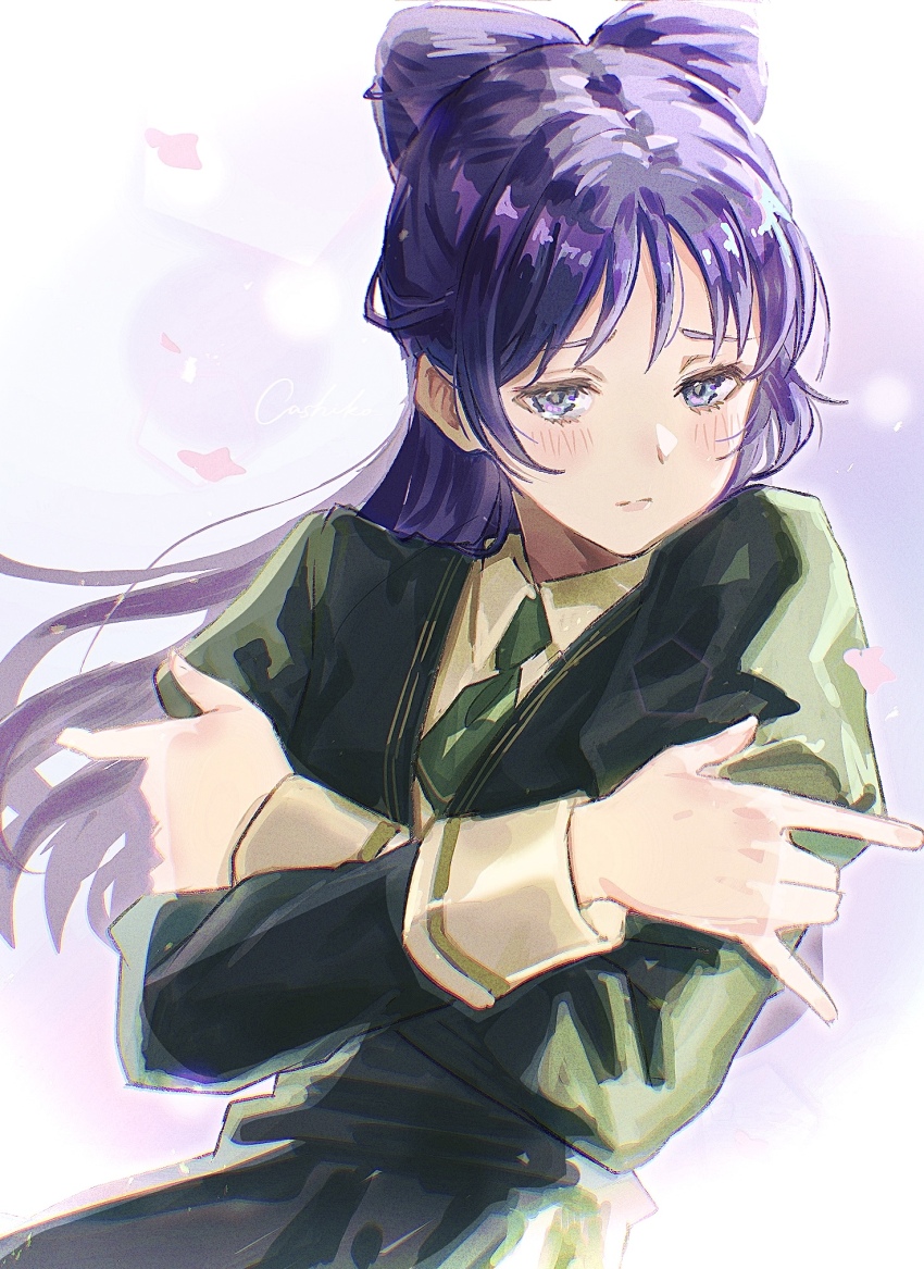 1girl black_dress blush cashiko crossed_arms dress green_neckerchief highres long_sleeves miyao_nemu neckerchief purple_hair simple_background solo standing witch_watch