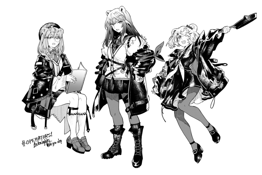 3girls animal_ears arknights armband bear_ears belt_pouch beret black_skirt book boots bow calflet cardigan choker ear_ribbon frying_pan full_body fur-trimmed_jacket fur_trim greyscale gummy_(arknights) hair_ornament hairpin hat holding holding_book invisible_chair istina_(arknights) jacket kyo_zip loafers monochrome monocle multicolored_hair multiple_girls neckerchief necktie one_eye_closed open_clothes open_jacket open_mouth pantyhose parted_bangs pleated_skirt pouch sailor_collar shoes sitting skirt socks streaked_hair thigh_strap zima_(arknights)