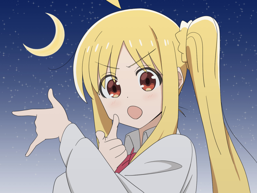 1girl :o ahoge bishoujo_senshi_sailor_moon blonde_hair blush bocchi_the_rock! bow bowtie collared_shirt crescent_moon detached_ahoge dot_nose eyes_visible_through_hair gradient_background hair_between_eyes highres hoite_(11922960_ze) ijichi_nijika light_blush long_hair looking_at_viewer moon night night_sky official_style one_side_up open_mouth parody pointing pointing_at_viewer red_bow red_eyes sailor_moon_pose school_uniform shimokitazawa_high_school_uniform shirt side_ponytail sidelocks sky solo tsuki_ni_kawatte_oshioki_yo white_shirt