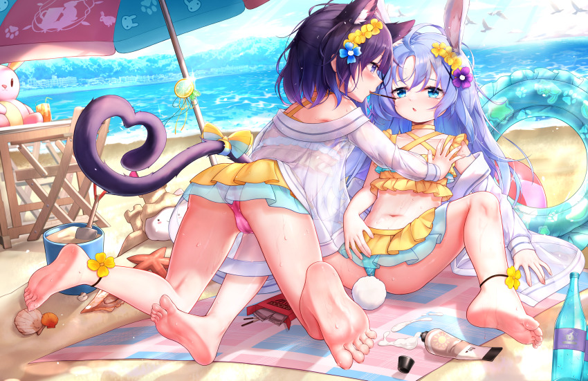 2girls angora_rabbit animal ass bare_legs barefoot beach bikini blue_eyes blue_flower blue_hair blush bottle bucket day fingernails flower food frilled_bikini frills fuiba_fuyu gochuumon_wa_usagi_desu_ka? hair_flower hair_ornament hehehzb highres jacket kafuu_chino long_hair long_sleeves lotion multiple_girls navel ocean open_clothes open_jacket open_mouth outdoors parasol pocky purple_eyes purple_flower purple_hair rabbit sand see-through_clothes see-through_jacket short_hair soles sunscreen swimsuit tippy_(gochiusa) toes umbrella white_jacket yellow_bikini yellow_flower yuri