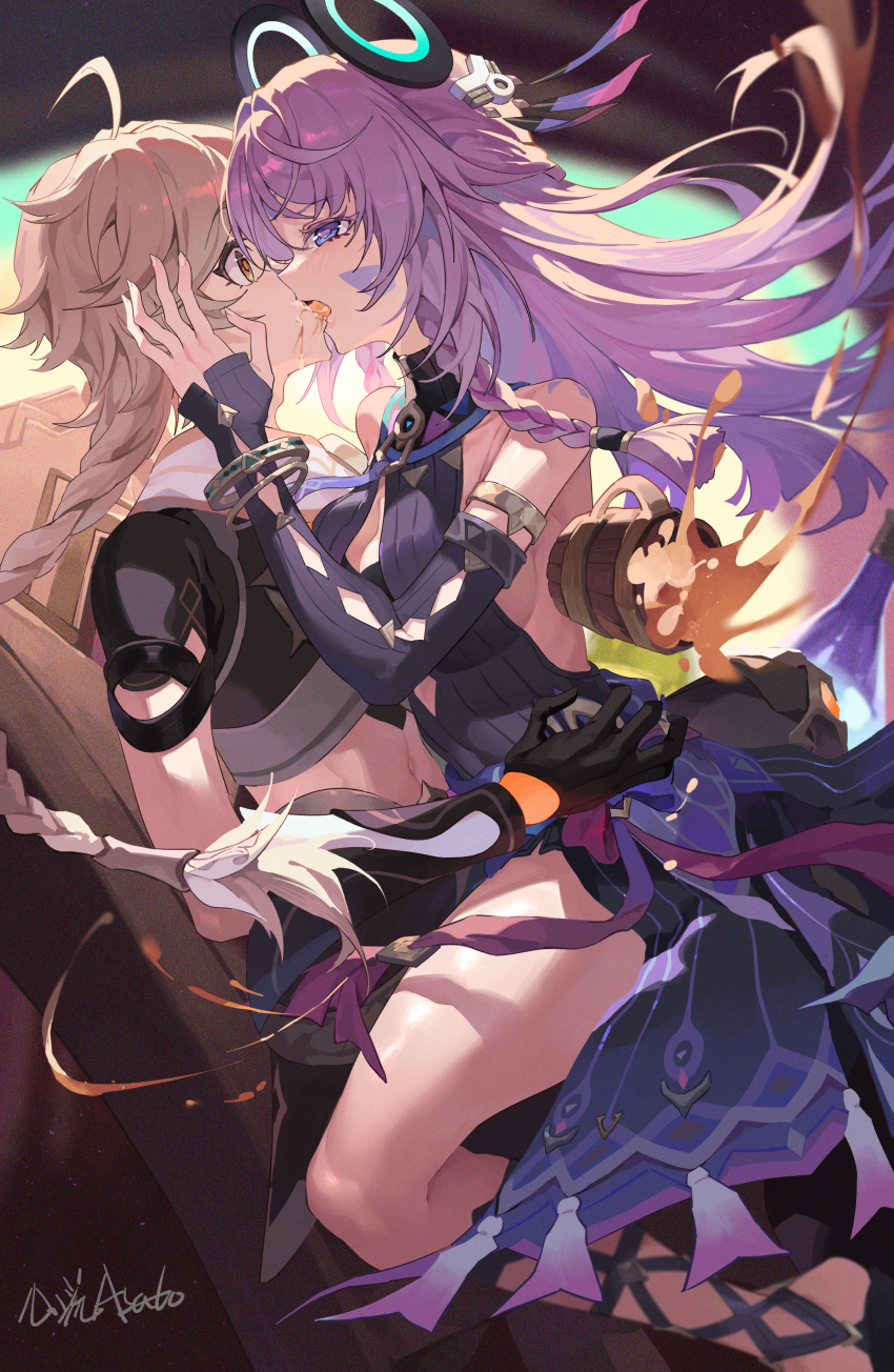 1boy 1girl absurdres aether_(genshin_impact) ahoge alcohol arm_armor arm_markings assertive_female bare_shoulders beer black_gloves black_leotard black_shirt blonde_hair blue_eyes bracelet braid braided_ponytail breasts chair citlali_(genshin_impact) cleavage commentary_request cropped_shirt eye_contact face-to-face facial_mark floating_hair floating_headgear french_kiss from_side genshin_impact girl_on_top glove_cutout gloves half-closed_eyes hand_on_another&#039;s_cheek hand_on_another&#039;s_face headgear hetero highres jewelry kiss large_breasts leotard long_hair looking_at_another midriff navel on_chair open_mouth pink_hair pink_pupils shirt signature sitting sitting_on_lap sitting_on_person sleeveless_turtleneck_leotard spilling straddling surprise_kiss surprised tankard tongue triangle triangle_facial_mark twin_braids very_long_hair wide-eyed xinliu_asato yellow_eyes