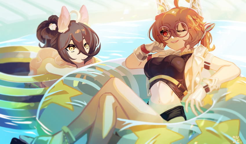 2girls absurdres agnes_tachyon_(umamusume) ahoge animal_ears bikini black_bikini brown_hair crossed_legs ear_covers expressionless glass hair_between_eyes hair_bun hair_ribbon head_rest highres horse_ears horse_girl innertube jacket long_bangs long_hair_between_eyes looking_at_another low_ponytail manhattan_cafe_(umamusume) medium_hair mujintou_png multiple_girls navel one_eye_closed open_clothes open_jacket open_mouth ponytail pool ribbon round_eyewear see-through_clothes see-through_jacket short_sleeves single_hair_bun smile striped_ribbon swim_ring swimsuit umamusume white_ribbon