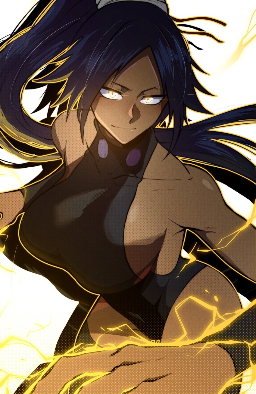 1girl bare_shoulders black_hair black_leotard bleach breasts cowboy_shot dark-skinned_female dark_skin electricity eye_trail glowing glowing_eyes high_ponytail highres large_breasts leotard light_trail long_hair ponytail shihouin_yoruichi sideboob simple_background solo thatamaan very_long_hair white_background yellow_eyes