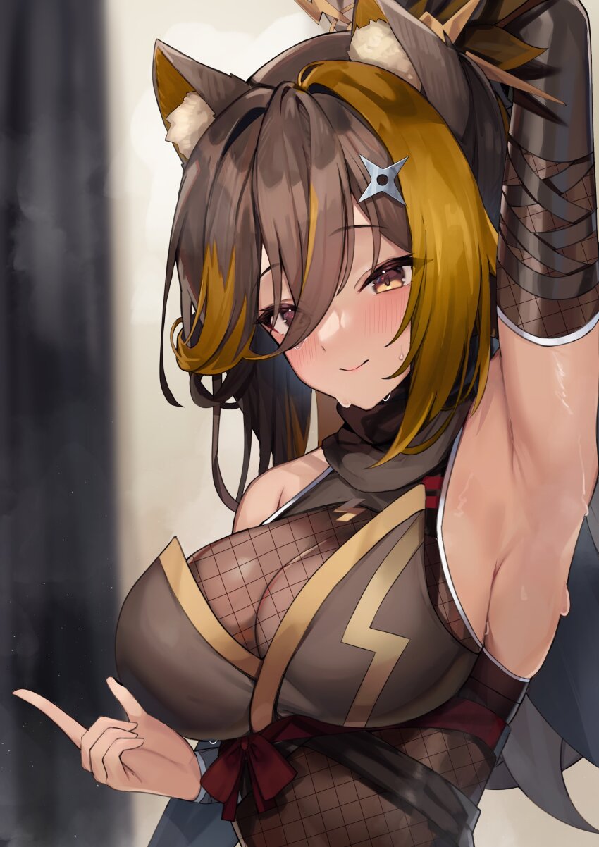 1girl absurdres animal_ear_fluff animal_ears arm_up armpits black_scarf blonde_hair blurry blurry_background breasts brown_eyes brown_hair closed_mouth commission dark_skin fishnets hair_between_eyes hair_ornament highres indie_virtual_youtuber kuroshiro_kanae large_breasts multicolored_hair nekoyo_chloe scarf skeb_commission solo sweat two-tone_hair upper_body virtual_youtuber