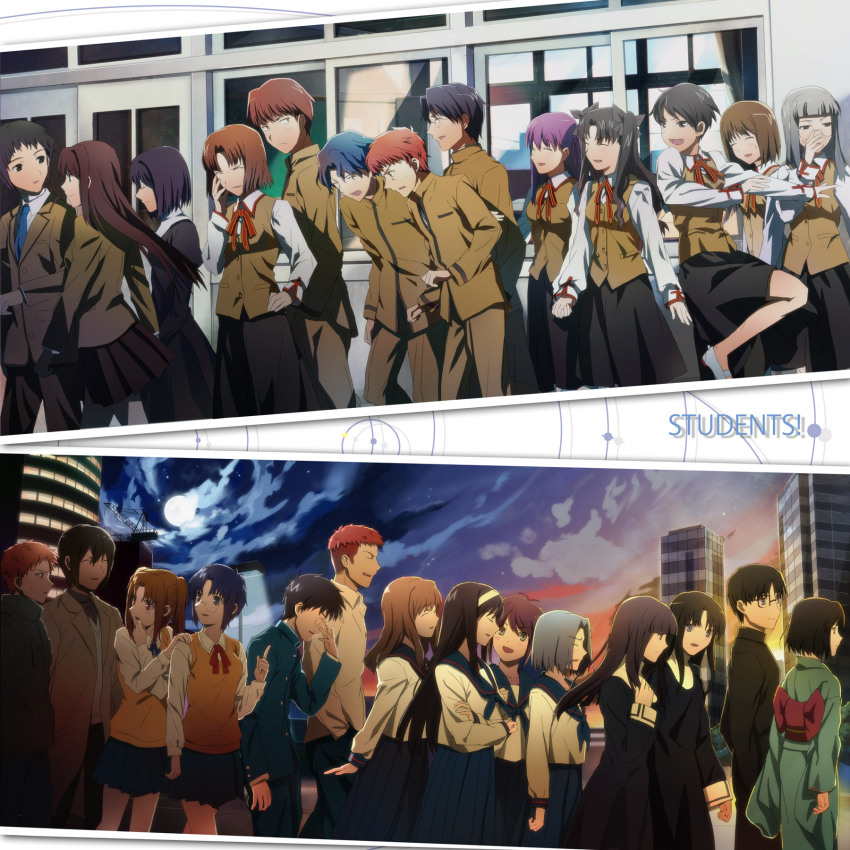 00s 6+boys 6+girls absolutely_everyone aozaki_aoko asagami_fujino bad_id bad_pixiv_id ciel_(tsukihime) emiya_shirou enjou_tomoe everyone fate/stay_night fate_(series) highres himuro_kane holding_hands homurabara_academy_school_uniform inui_arihiko japanese_clothes kara_no_kyoukai kimono kinuta_kouji kokutou_azaka kokutou_mikiya kuonji_alice mahou_tsukai_no_yoru makidera_kaede matou_sakura matou_shinji misawa_hanei mitsuzuri_ayako mitsuzuri_minori multiple_boys multiple_girls piercing red_hair reien_girl&#039;s_academy_school_uniform ryougi_shiki ryuudou_issei saegusa_yukika school school_uniform seo_akira shirazumi_lio shirazumi_lio_(young) shizuki_soujuurou short_hair tan tohno_akiha tohno_shiki tohsaka_rin tsukihime tsukihime_souka type-moon yosakoi153 yumizuka_satsuki