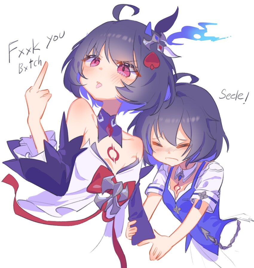 2girls absurdres ahoge bare_shoulders blue_hair blue_vest bob_cut character_name closed_eyes closed_mouth detached_sleeves dress dual_persona hair_ornament highres honkai_(series) honkai_impact_3rd middle_finger multiple_girls pic_p_p purple_sleeves red_eyes seele_(alter_ego) seele_vollerei seele_vollerei_(azure_memories) seele_vollerei_(swallowtail_phantasm) short_hair short_sleeves simple_background tattoo tongue tongue_out upper_body v-shaped_eyebrows vest white_background white_dress