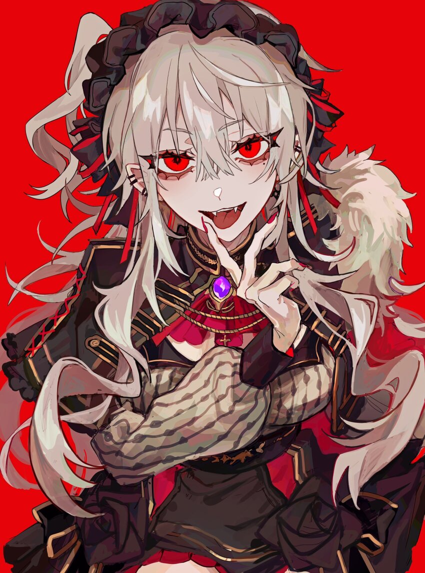 1girl :3 :d aegyo_sal arm_at_side ascot black_bow black_cape black_flower black_hairband black_rose black_skirt blonde_hair bow brown_shirt cape cowboy_shot cross-laced_clothes double-parted_bangs ear_piercing eyelashes fangs finger_to_cheek fingernails flower frilled_hairband frilled_skirt frills fur_trim genderswap genderswap_(mtf) gold_trim hair_between_eyes hairband hand_up hashtag-only_commentary highres kuroume_(aihikarikuroume24) leaning_forward long_hair long_sidelocks miniskirt mole mole_under_eye nail_polish nijisanji open_mouth piercing pointy_ears purple_brooch red_ascot red_background red_eyes red_nails ribbed_shirt rose sanya_(kuzuha) sharp_fingernails shirt side_ponytail sidelocks simple_background sitting skirt smile solo teeth tongue tongue_out tsurime upper_teeth_only upturned_eyes very_long_hair virtual_youtuber