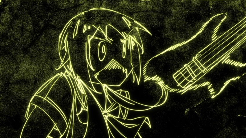 1girl asobi_asobase blonde_hair guitar highres holding ichii_yui instrument long_hair looking_away majormilk music open_mouth outline parody playing_instrument school_uniform serafuku solo yuyushiki yuyushiki&#039;s_school_uniform