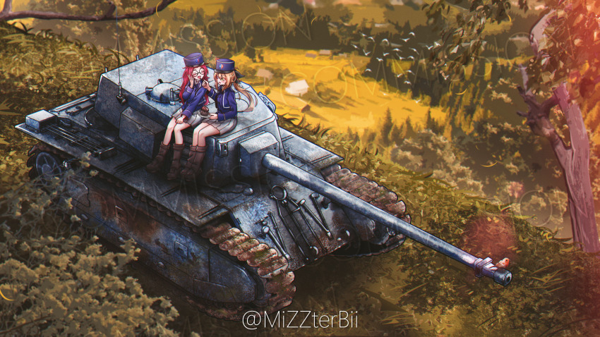 2girls absurdres arl-44 bc_freedom_military_uniform bird black-framed_eyewear black_footwear black_ribbon blonde_hair blue_hat blue_jacket blue_vest boots cake closed_eyes commentary commission day dress_shirt emblem english_commentary english_text feeding food girls_und_panzer glasses hair_ribbon hat highres holding holding_saucer jacket kepi long_hair long_sleeves military_hat military_uniform military_vehicle miniskirt mizzterbii motor_vehicle multiple_girls on_vehicle open_mouth original outdoors pleated_skirt ponytail red_hair ribbon round_eyewear saucer shirt sitting skirt smile tank tree twitter_username vest watermark white_shirt white_skirt