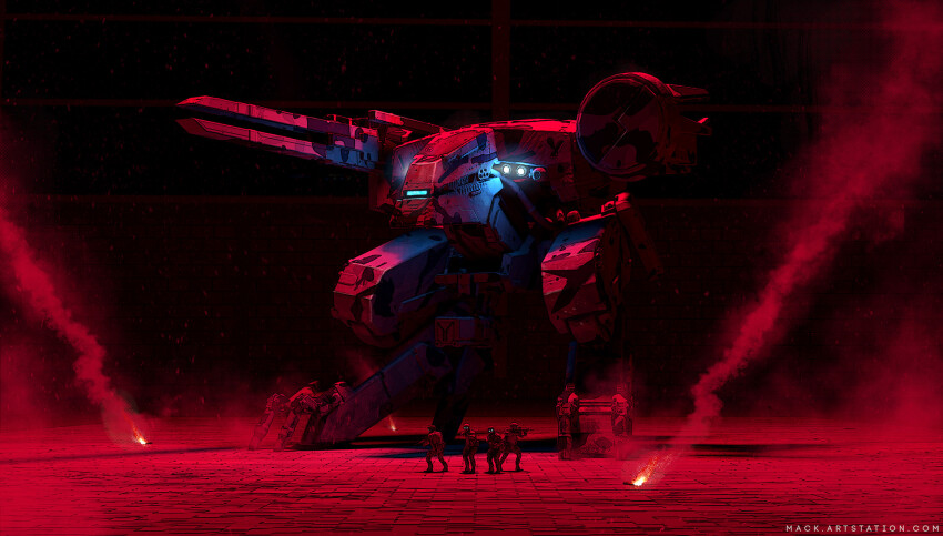 4others ambiguous_gender commentary english_commentary flare glowing gun highres holding holding_gun holding_weapon mack_sztaba mecha metal_gear_(robot) metal_gear_(series) metal_gear_rex metal_gear_solid multiple_others non-humanoid_robot red_theme robot science_fiction shoulder_cannon smoke walker_(robot) watermark weapon web_address