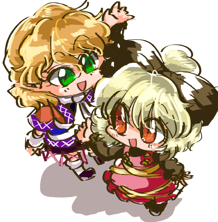 2girls :d arm_warmers black_bow black_shirt blonde_hair bow brown_eyes brown_shirt buttons chibi chibi_only commentary_request dress full_body green_eyes hair_bow hair_bun highres kurodani_yamame long_sleeves looking_at_another loose_socks mizuhashi_parsee multiple_girls open_mouth pointy_ears red_dress sash shippuu_jinnari shirt short_hair short_sleeves simple_background single_hair_bun smile socks touhou translation_request white_background white_sash white_socks