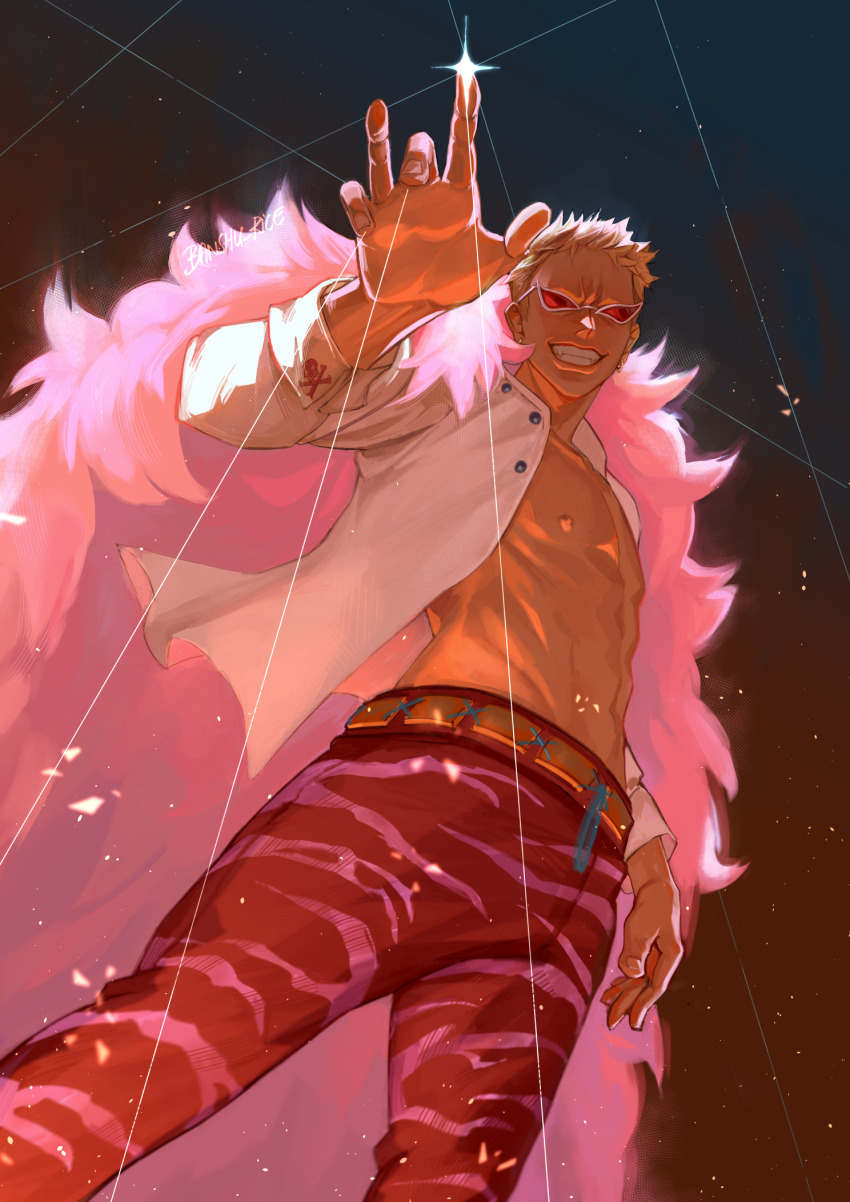 1boy artist_name blonde_hair coat cowboy_shot donquixote_doflamingo earrings grin highres ikuman jewelry male_focus muscular muscular_male one_piece open_clothes open_shirt pink_coat shirt short_hair smile solo sparkle sunglasses thread white_shirt