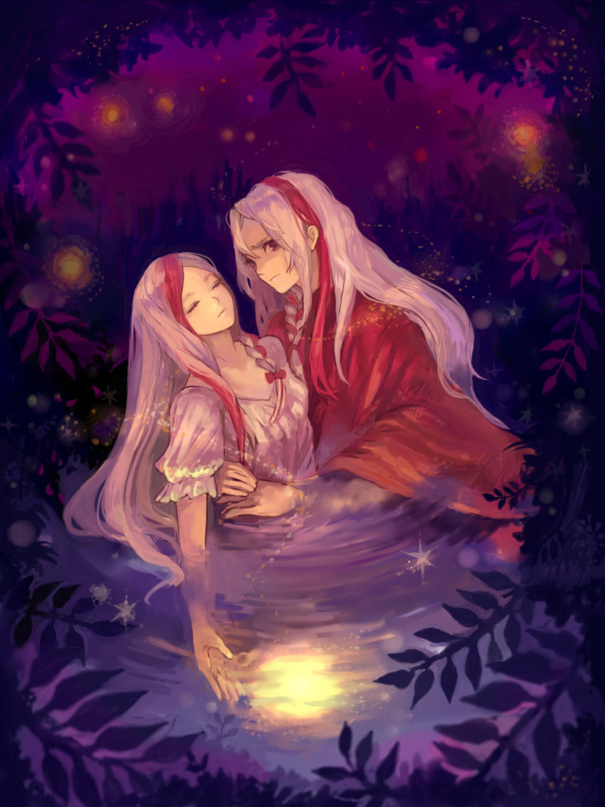 1boy 1girl artemisia blurry brother_and_sister depth_of_field eleuseus closed_eyes hetero highres holding hug leaf long_hair mikebosi moira multicolored_hair pink_hair siblings sound_horizon twins wading water white_hair