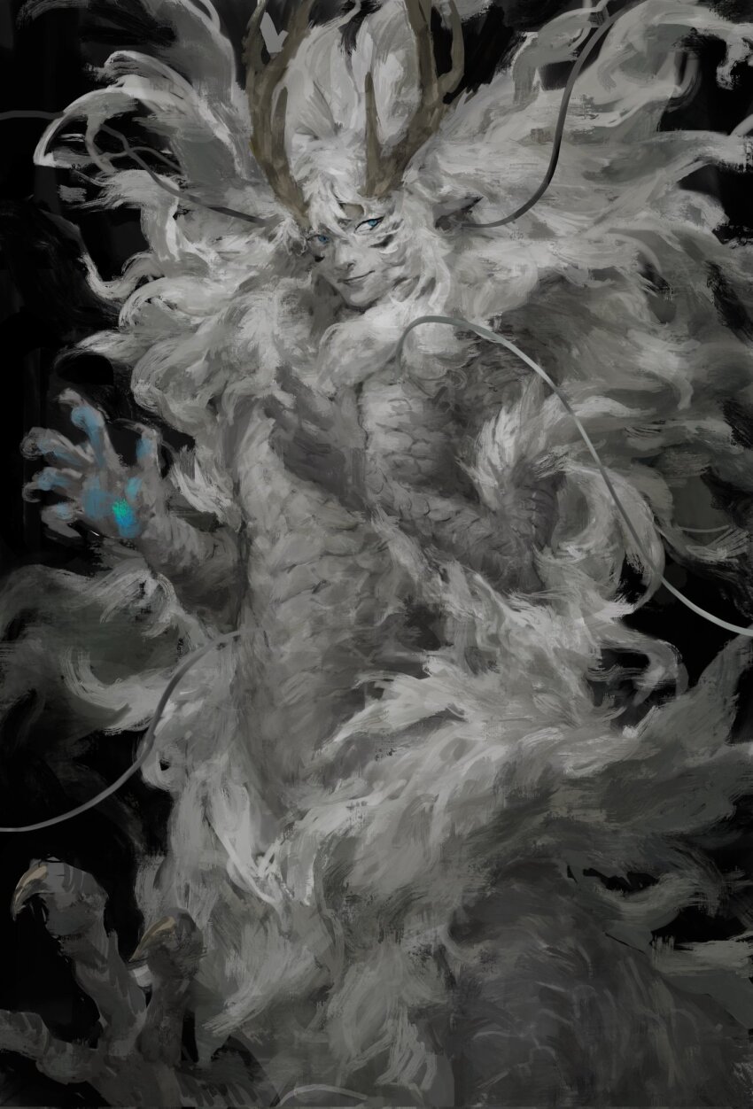 1boy animal_ears animal_hands antlers black_background blue_eyes borrowed_character centauroid chinese_commentary claws closed_mouth colored_skin dragon_boy dragon_ears floating_hair grey_hair grey_scales grey_skin hands_up highres horns long_hair looking_at_viewer mane monster_boy neck_fur original scales simple_background smile solo taur upper_body very_long_hair xiaopizi32439