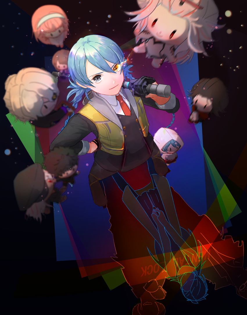1girl absurdres ai_the_somnium_files ai_the_somnium_files:_nirvana_initiative black_eyes black_gloves blue_hair boss_(ai_the_somnium_files) braid character_doll chieda_kizuna closed_mouth date_kaname doll flagkunnn full_body gloves heterochromia highres holding holding_lead_pipe kuranushi_mizuki lead_pipe long_hair looking_at_viewer low_twin_braids nadami_shouko okiura_mizuki okiura_renjuu ryuki_kuruto sagan_iris school_uniform sekiba_girls&#039;_high_school_uniform shadow smile solo spoilers tama_(ai_the_somnium_files) twin_braids very_long_hair yellow_eyes