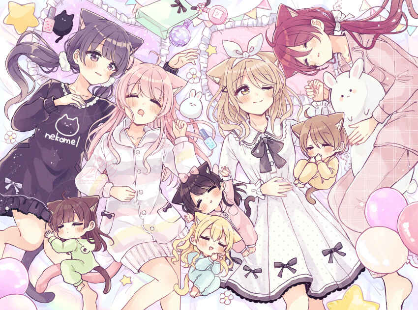 6+girls :d ;) absurdres animal_ear_fluff animal_ears arms_up bag balloon barefoot bed_sheet black_hair black_shirt blonde_hair blush brown_hair cat_ears cat_girl cat_tail chibi closed_eyes closed_mouth collared_dress collared_shirt commentary_request dress drooling eyes_visible_through_hair fang frilled_pillow frilled_shirt frills fushigi_na_neko_no_machi_meltier fuu_(fushigi_na_neko_no_machi_meltier) hair_ornament hair_over_one_eye hair_ribbon hairband hairclip haru_(fushigi_na_neko_no_machi_meltier) highres hime_(fushigi_na_neko_no_machi_meltier) hood hood_down hooded_jacket jacket long_hair low_ponytail low_twintails lying makia_(fushigi_na_neko_no_machi_meltier) mini_person minigirl moco_(fushigi_na_neko_no_machi_meltier) mouth_drool multiple_girls naa_(fushigi_na_neko_no_machi_meltier) nagi_(fushigi_na_neko_no_machi_meltier) on_back on_side one_eye_closed onesie open_mouth pajamas pants paper_bag parted_lips pennant pillow pink_hair pink_pajamas pink_pants pink_shirt ponytail purple_eyes red_hair ribbon rucora_(fushigi_na_neko_no_machi_meltier) sakura_oriko shirt smile star_(symbol) string_of_flags striped_clothes striped_jacket tail twintails very_long_hair white_dress white_hairband white_ribbon x_hair_ornament