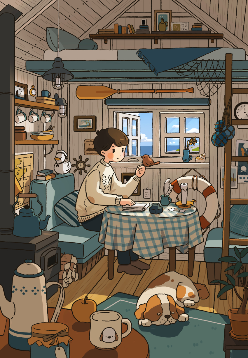 1boy absurdly_detailed_composition absurdres apple beach bed bird bird_on_hand blue_sky book brown_hair candle clock cloud cloudy_sky cup day dog duck firewood flower food fruit furnace highres indoors ladder lamp loaded_interior male_focus map marunoki mug ocean open_window original plant potted_plant rug rural scenery short_hair sitting sky smile sweater table window wooden_table