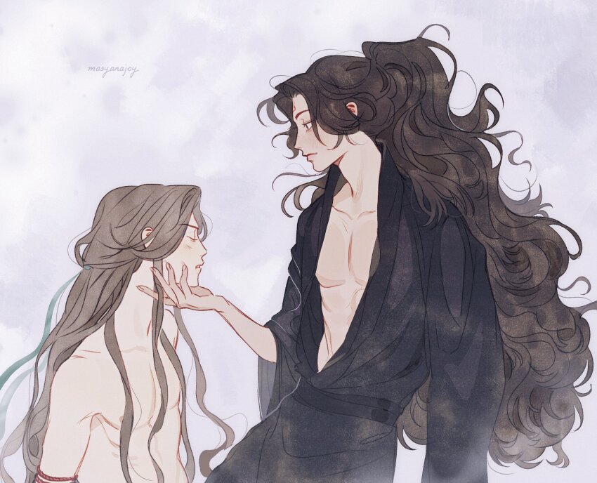 2boys bare_pectorals bare_shoulders bdsm bishounen black_eyes black_hair black_robe bondage bound brown_hair chinese_clothes closed_eyes closed_mouth commentary curly_hair english_commentary facial_mark forehead_mark from_side green_ribbon hair_ribbon hand_on_another&#039;s_chin highres long_hair long_sleeves looking_at_another luo_binghe male_focus masyanajoy multiple_boys open_clothes open_mouth open_robe parted_bangs pectorals ponytail profile renzha_fanpai_zijiu_xitong ribbon robe shen_qingqiu shibari toned toned_male topless_male upper_body very_long_hair wavy_hair yaoi zuiyin