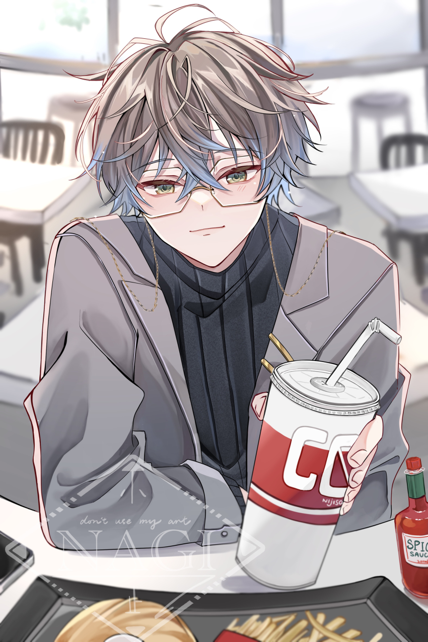 1boy absurdres black_shirt blue_hair brown_hair closed_mouth cup drinking_straw food french_fries glass glasses green_eyes grey_jacket highres holding holding_cup ike_eveland jacket long_sleeves male_focus multicolored_hair nagihaha nijisanji nijisanji_en sauce shirt short_hair solo virtual_youtuber