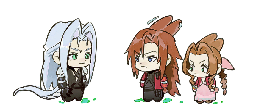 1girl 2boys aerith_gainsborough animal_ears black_jacket blue_eyes bow braid brown_hair chest_strap chibi chibi_only dress final_fantasy final_fantasy_vii frown genesis_rhapsodos green_eyes grey_hair hair_bow highres jacket kemonomimi_mode long_hair multiple_boys newb_ff7r pink_dress rabbit_ears rabbit_tail red_hair red_jacket sephiroth slit_pupils snake_tail tail
