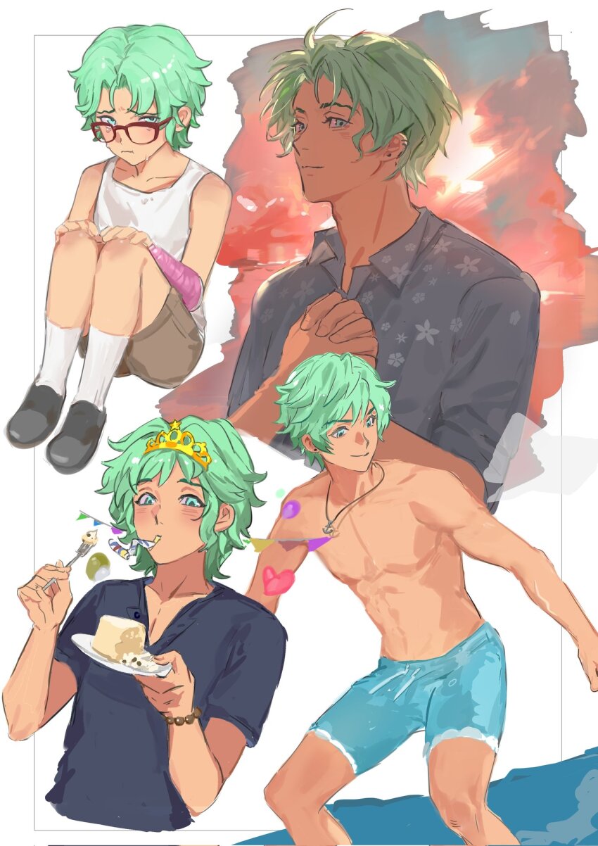 1boy abs aged_up anchor_necklace arm_cast bead_bracelet beads blue_shorts border bracelet bunting cake cake_slice cargo_shorts collared_shirt cove_holden crying crying_with_eyes_open floral_print food fork glasses gold_tiara green_eyes green_hair hands_on_own_knees heart highres holding holding_cake holding_food holding_fork holding_own_hand jewelry knees_up looking_at_viewer male_focus multiple_views necklace no_shirt on_ground our_life:_beginnings_and_always party_popper pectorals shirt short_hair shorts sitting socks solo sunset surfing tank_top tears upper_body white_background white_shirt white_socks white_tank_top xrsjbz