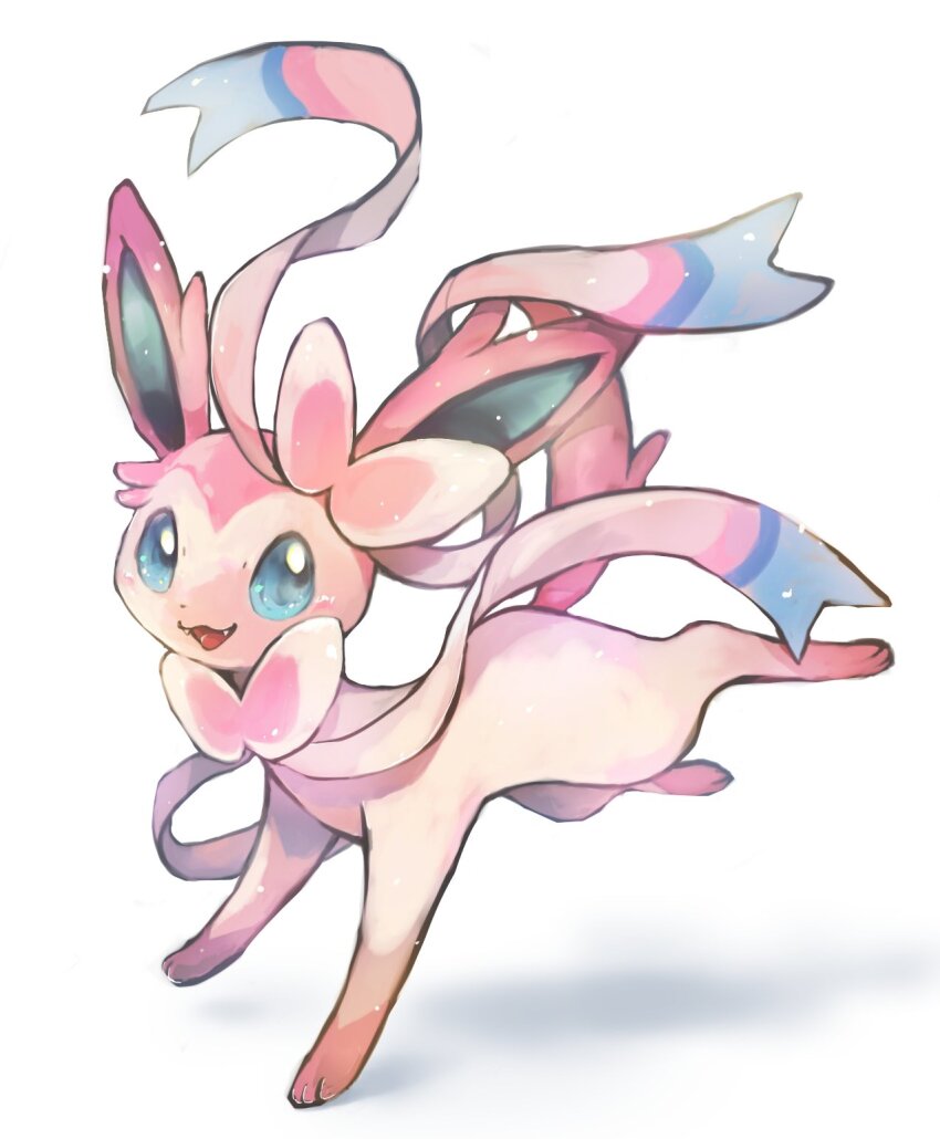 blue_eyes bow bowtie commentary dot_nose fangs full_body gen_6_pokemon hashtag-only_commentary highres looking_to_the_side nintendo open_mouth pokemon pokemon_(creature) sideways_glance simple_background sylveon toneko white_background